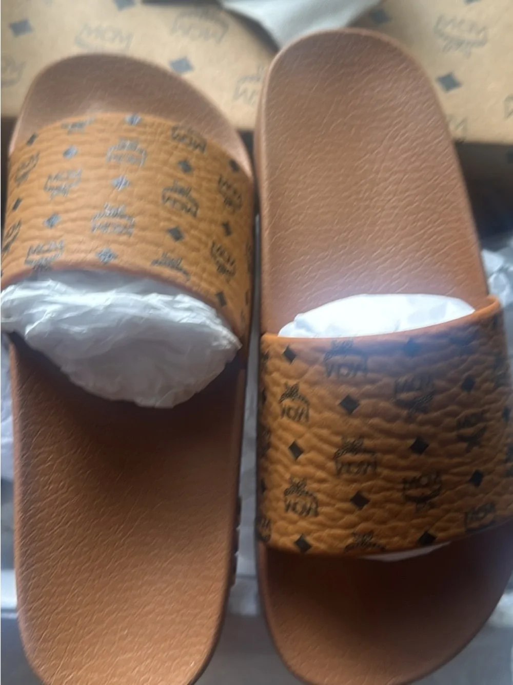 MCM Women’s Cognac Brown Logo-Perforated Slide Sandals